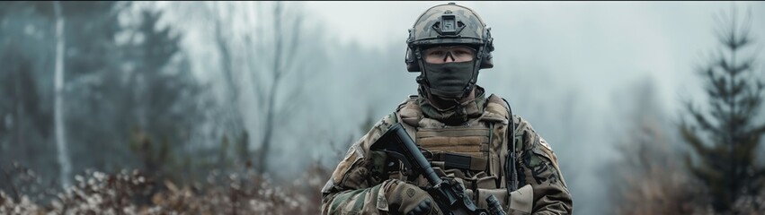Military personnel in full gear, standing in a forest environment. The image highlights vigilance, preparedness, and a sense of protection.