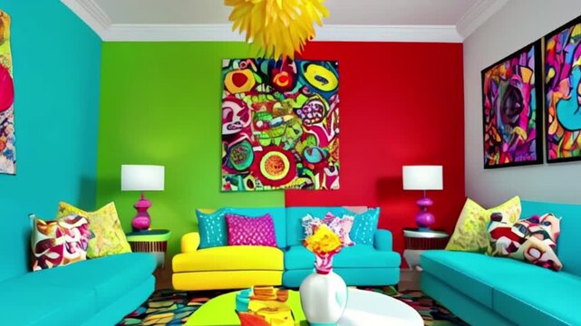 Modern pop art interior design with bright expressive colours. Colorful living room created with generative ai