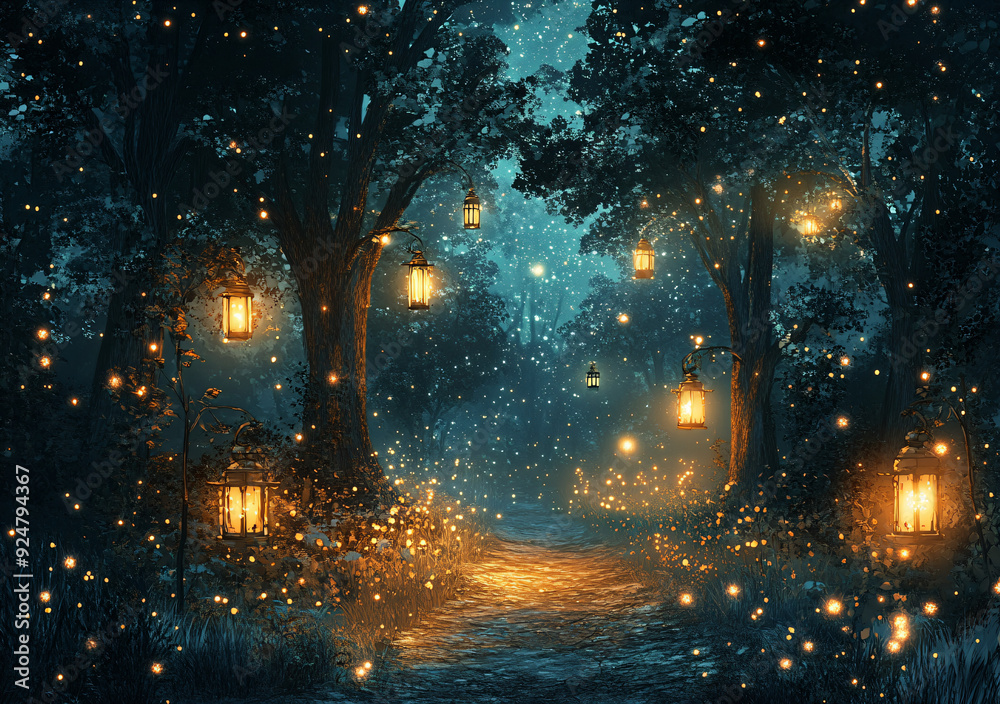 Wall mural enchanting forest path with lanterns and fireflies.