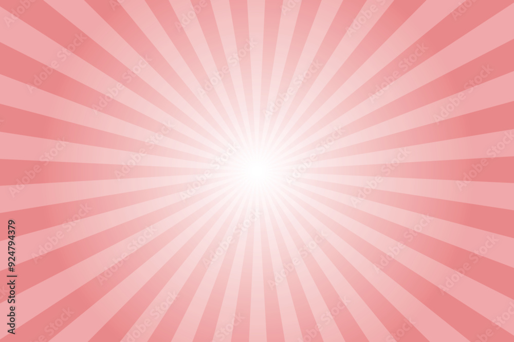 Poster Pink background with white sun ray. Pattern of starburst. Abstract strawberry pink texture with light of sunburst. Radial beam of sunlight. Retro background with flash. Design of sunbeams. Vector.	