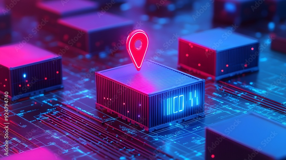 Poster futuristic digital network concept with neon red location pin on a data server, representing technol