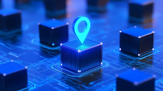 Futuristic digital network with glowing blue location pin on circuit board block, representing GPS technology and data connectivity.