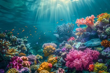 Naklejka premium Underwater coral reef, colorful marine scene. Vibrant ocean life and aquatic beauty. Great for nature projects, oceanic themes, and educational content. Generative AI