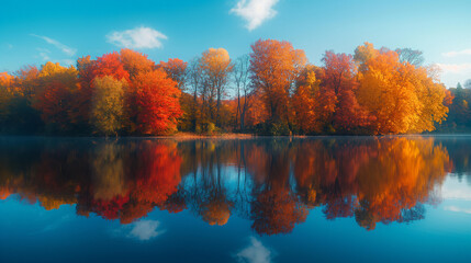 Fototapeta premium autumn reflection by the lake with clear water and colorful trees mirrored, capturing a tranquil fall moment in a harmonious natural scene.