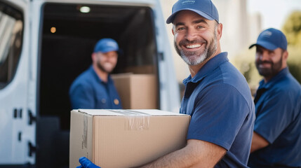 Moving service men in blue uniforms.