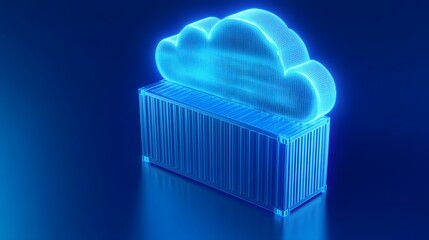 Futuristic illustration of a glowing cloud icon on a shipping container. Concept of cloud computing, data storage, and logistics.