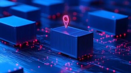 Futuristic logistics and supply chain concept with 3D-rendered containers and glowing location pin symbolizing tracking technology.