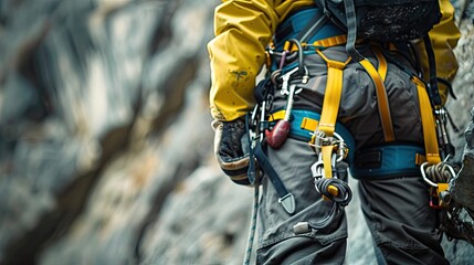 climbing harness in use, showing the attachment points and safety features