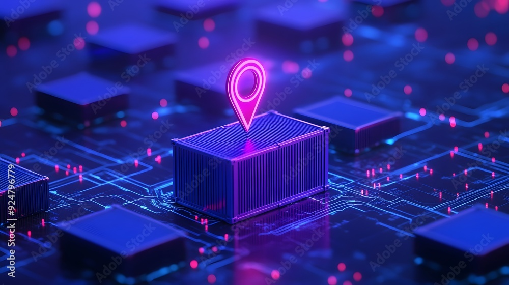 Poster futuristic neon concept of data processing and network technology visualization with a digital pin l