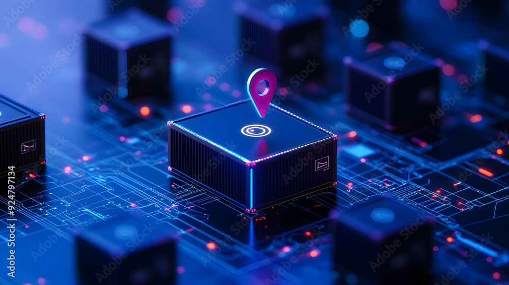 Poster futuristic technology concept featuring pin location on a microchip. close-up view of data network a