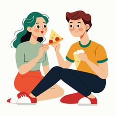 Couple Enjoying Pizza Together Against a transparent Background Illustrator Artwork