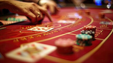 Naklejka premium close-up poker table in casino, cards, chips, players hands