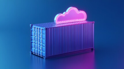 Neon cloud container symbolizing cloud computing, technology, and data storage on a blue background, digital transformation concept.