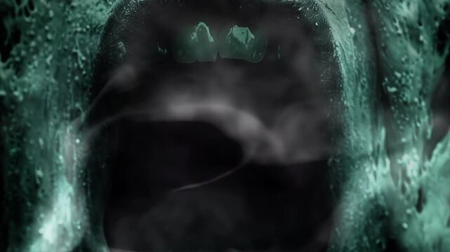 Ghostly face with an open mouth screaming in the darkness. Spooky Halloween themed design or mysterious horror themed project 