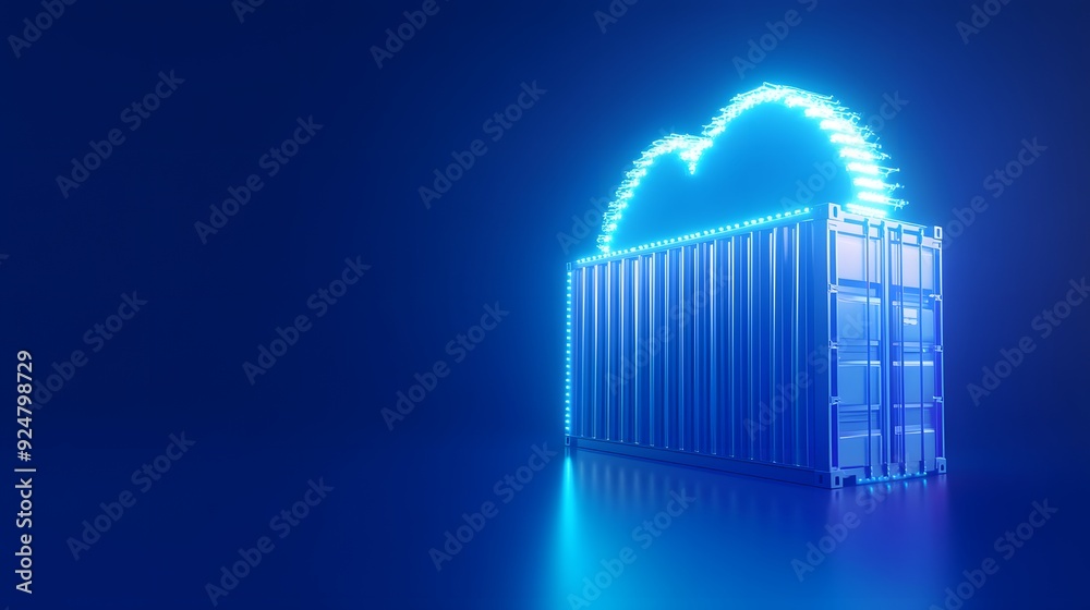 Poster neon-lit shipping container with a cloud symbol, representing cloud computing and data storage in a 