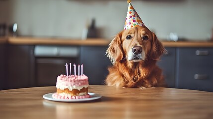 Cute dog with party hat and birthday cake