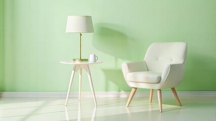 Minimalist interior with armchair and table lamp

