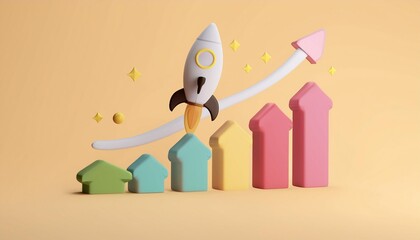A colorful rocket launches amidst rising houses, symbolizing growth and innovation in real estate or business.