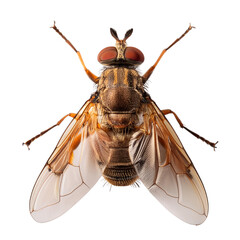 Close-up macro shot of a single dead fly isolated on white background