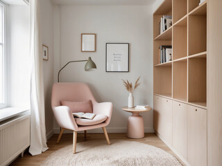 A Scandinavian reading nook with a pastel-colored chair, light wood bookshelf, and minimalistic decor.