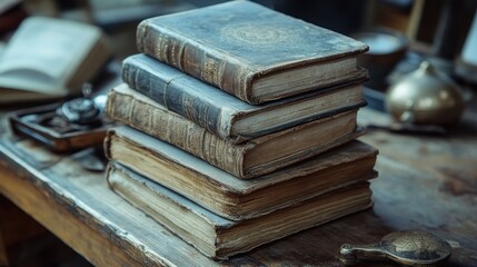 Obraz premium Vintage Books Stacked on Wooden Table
