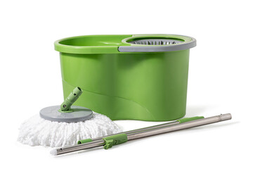Green mop bucket cleaning equipment with microfiber mop head. The green handle and swivel base allow easy maneuverability and control during use. isolated on a white background, Clipping path includes
