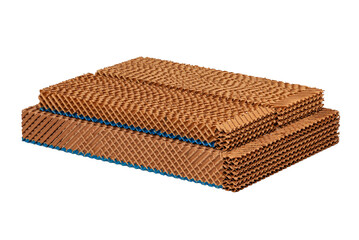 Evaporative cooling pad, made of corrugated cellulose materials with honeycomb-like structure, is used in evaporative air cooling systems to cool air through the evaporation of water, isolate on white