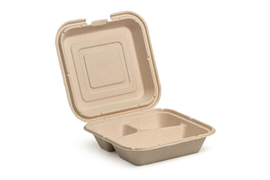 Molded pulp or fiber clamshell takeout container made of eco-friendly, biodegradable material and has a hinged design that allows to open or close to contain food items, isolated on a white background