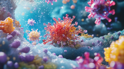 An artistic 3D representation of a virus cell, highlighting intricate details and interactions with host cells, rendered in a vibrant color palette to showcase the complexity of viral behavior.