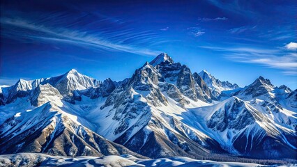 Fototapeta premium Snow-covered mountain range under clear blue sky, snow, winter, mountain, range, cold, snowcapped, peaks, landscape