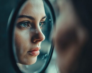 Patient reflecting in a mirror during therapy session, selfawareness and introspective healing process concept