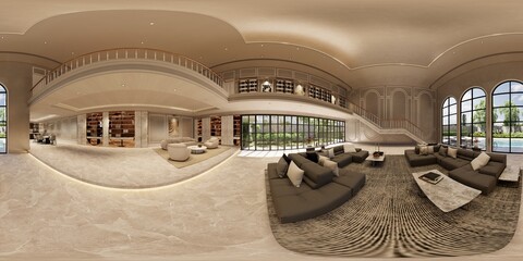 3d illustration spherical 360 vr degrees, a seamless panorama of the room and apartment . interior design 3D rendering.reception in a modern panoramic house © anon