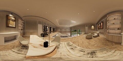 3d illustration spherical 360 vr degrees, a seamless panorama of the room and apartment . interior design 3D rendering.reception in a modern panoramic house © anon