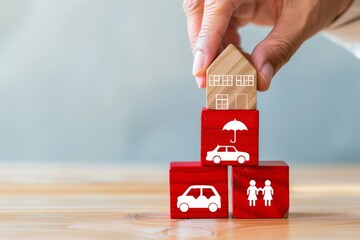 Obraz premium Hand Stacking Red Wooden Blocks Featuring Family, Health, and Transport Icons.