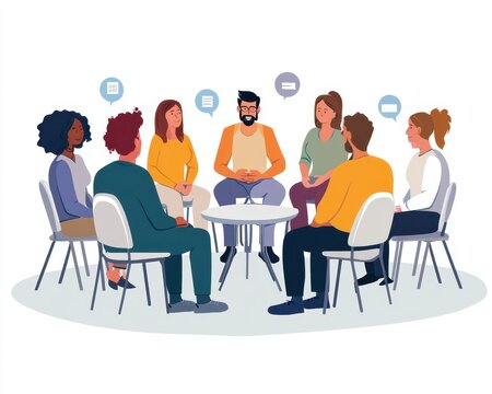 Group counseling session with diverse participants sharing in a circle, community support concept