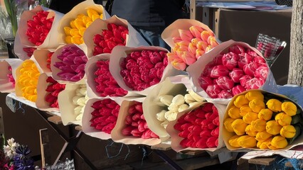 Selling bouquets of tulips on the city street.