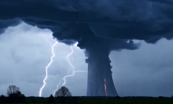 3D view of a tornado with flashes of lightning striking