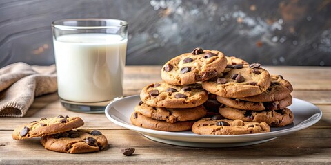 Close up of a plate of chocolate chip cookies with a glass of milk, snack, dessert, delicious, treat, sweet