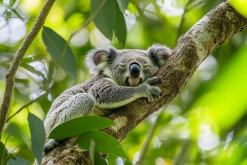 Obraz premium A peaceful koala rests snugly on a tree branch. The lush green leaves create a serene environment. Perfect for nature lovers. Enjoy the calmness and beauty. Generative AI
