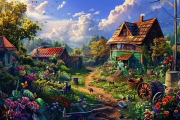 Obraz premium Peaceful Rural Scene of an Elderly Couple Gardening in Blooming Flowers