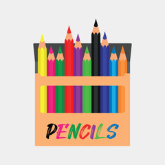 Pencil box with colored pencils. Vector illustration of pencil case isolated on white background for kids coloring activity worksheet/workbook.