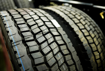 Tires for truck in Assembly line. Tires for Heavy duty trucks in lorry plant. Tire tread of large...