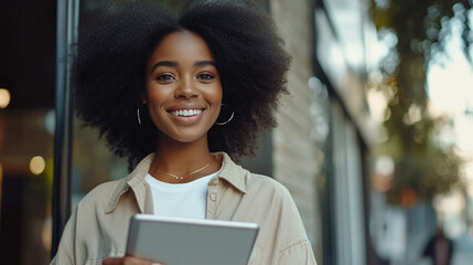 African American woman with tablet. 