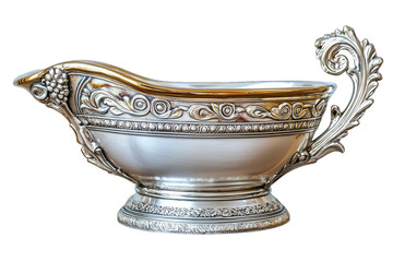 Elegant silver gravy boat with intricate designs and a graceful handle, perfect for formal dining and special occasions.