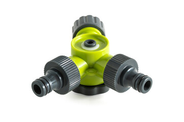 Garden hose splitter. It's a device used to split a single water source into two separate outlets and is commonly used for gardening.