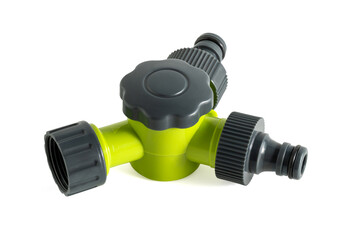 Garden hose splitter. It's a device used to split a single water source into two separate outlets and is commonly used for gardening.