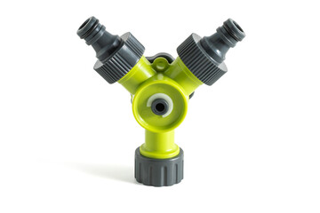 Garden hose splitter. It's a device used to split a single water source into two separate outlets. This type of device is commonly used in gardening, landscaping, and general outdoor water management