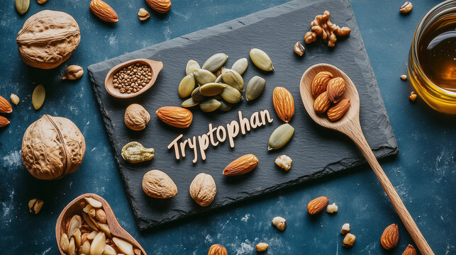 A photo of various nuts and seeds with "Tryptophan" written on it, all placed on top of a slate board against a blue background