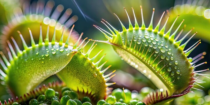 Close-up view of Venus flytrap leaves covered in dew drops, Venus flytrap, leaves, close-up, dew drops, carnivorous plant, botanical