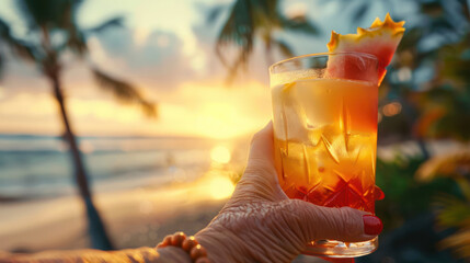 Senior Woman Enjoying a Cocktail at Sunset